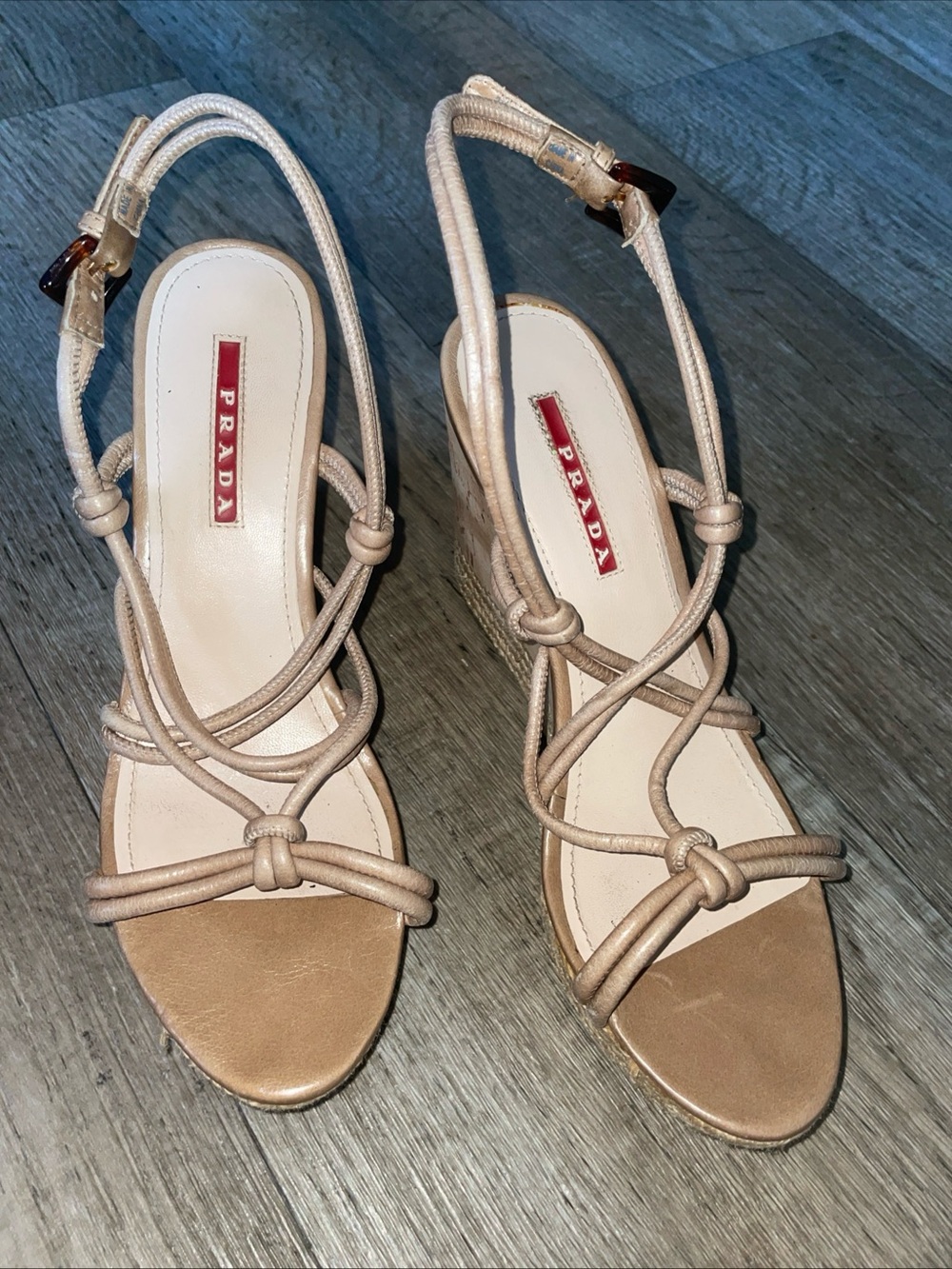 Prada Sport Leather Slingback Sandals Neutrals Wedge Heels Size 36.5 Ankle Strap